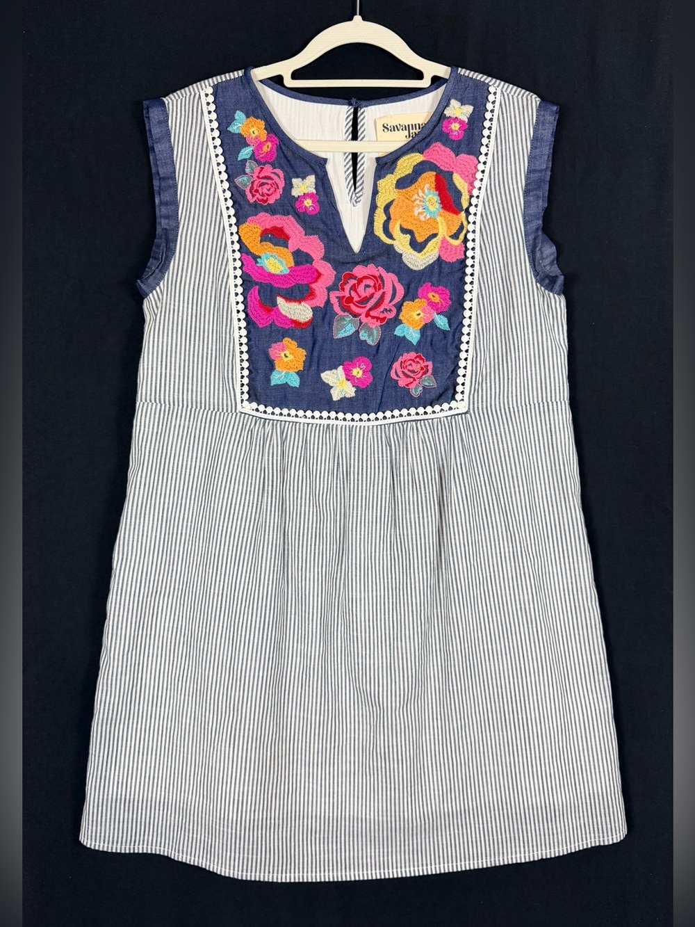 Savanna Jane Navy Striped Dress with Pink & Yellow Floral Embroidery sleeveless